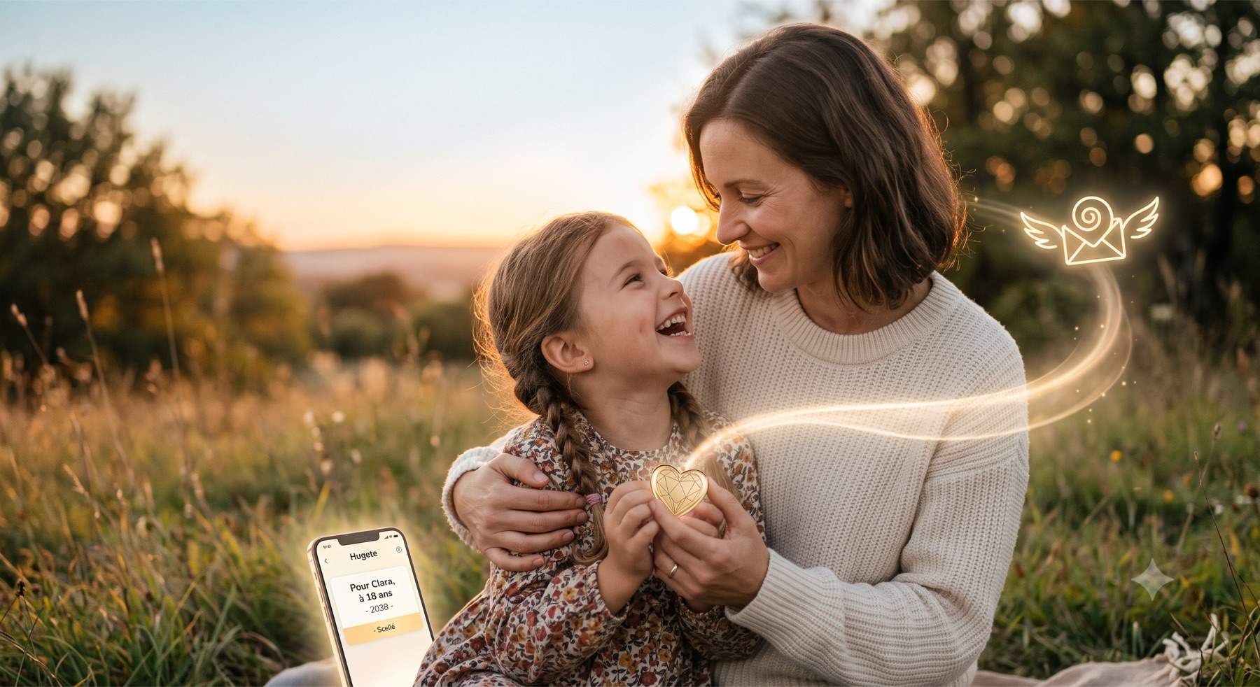 Une mère et sa fille dans un champ au coucher du soleil ; sur un téléphone, un message Hugete scellé « Pour Clara, à 18 ans — 2038 »
